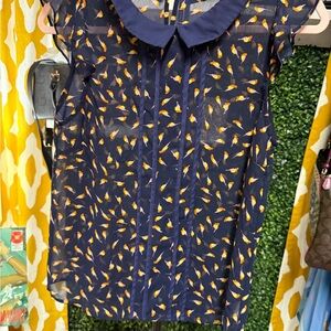 Navy Sheer Blouse with Orange Bird Print